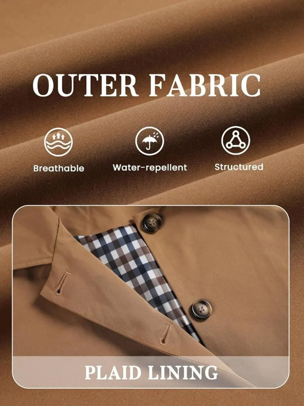 Women's Short Trench Jacket Plaid Lining Button Front with Pockets Camel